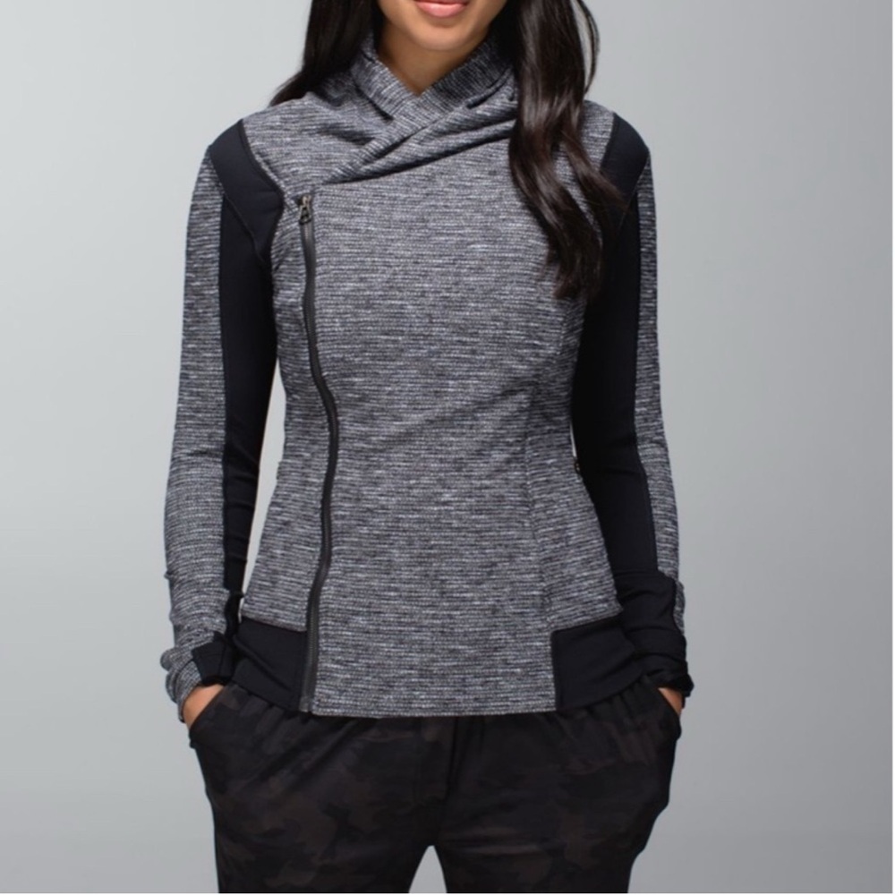LULULEMON Bhakti Coco Pique Black Size 6 Double Zip Wrap Yoga Fitted Thumbholes